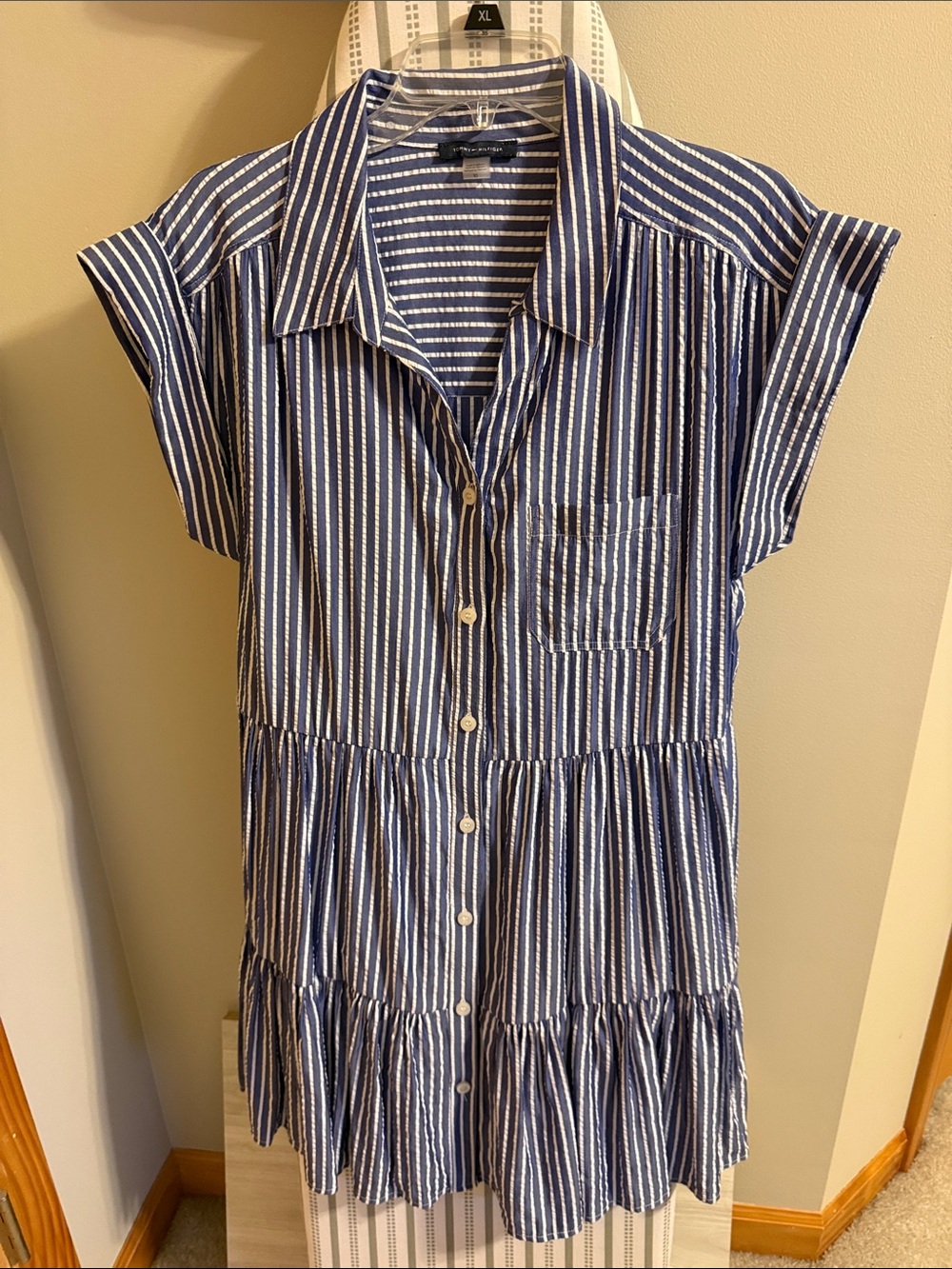 Tommy Hilfiger Blue & White Striped Button-Front Tiered Dress
